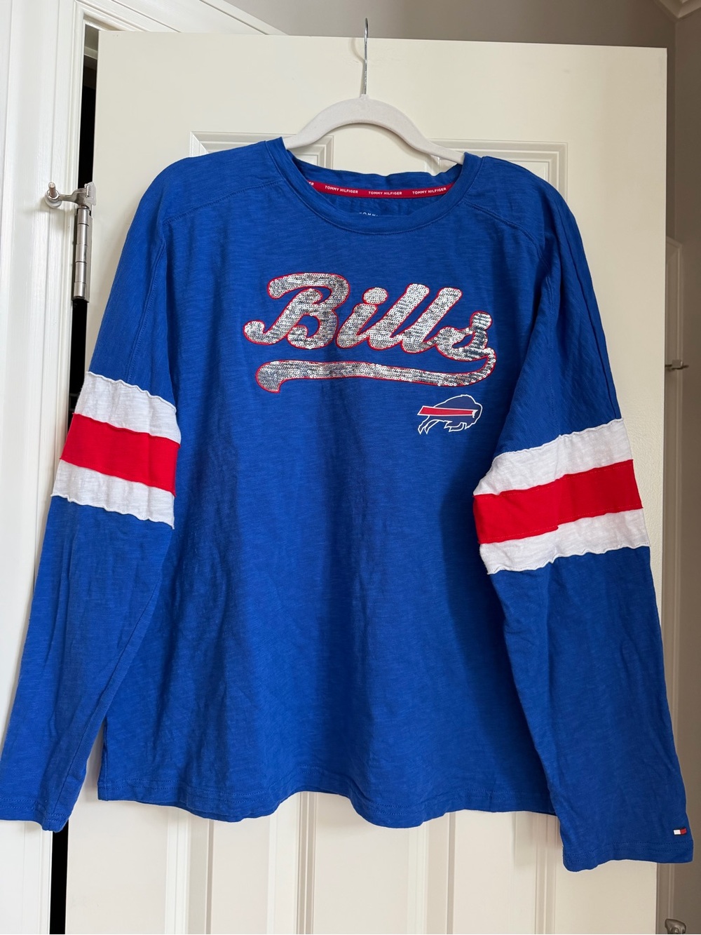 Tommy Hilfiger NFL Buffalo Bills Sequin Varsity Stripe Tee Shirt Women’s Size L